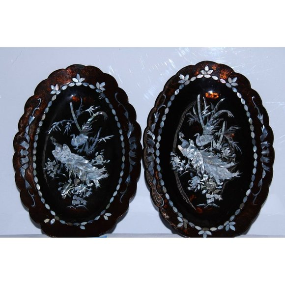 Lacquered Wall Plaques with Inlaid Peacock Design and Border - Picture 1 of 6